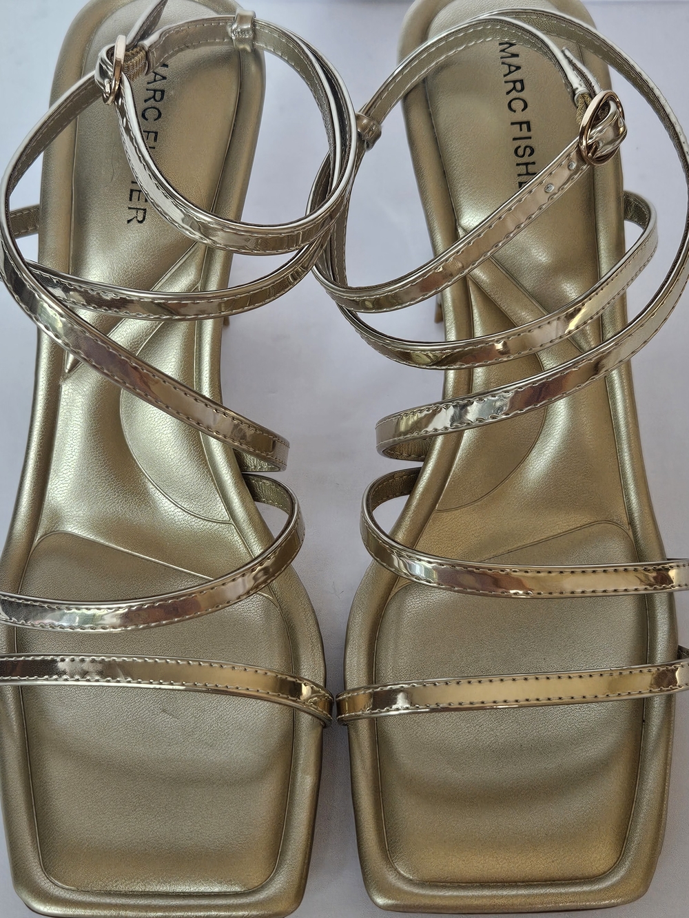Marc Fisher Mahima Gold Strappy Heeled Sandals Square Toe Women's Size 10M - Picture 13 of 15
